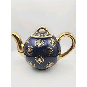 Vintage Hall China Gold Label teapot  French Daisy pattern Ceramic cobalt & 22k